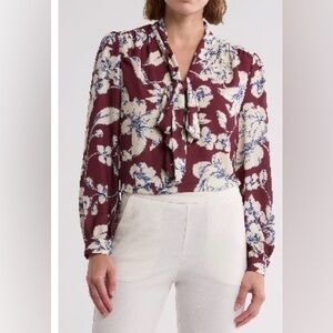 Gemma + Jane, Tie Neck Georgette Floral Burgundy Blouse (Size XL)